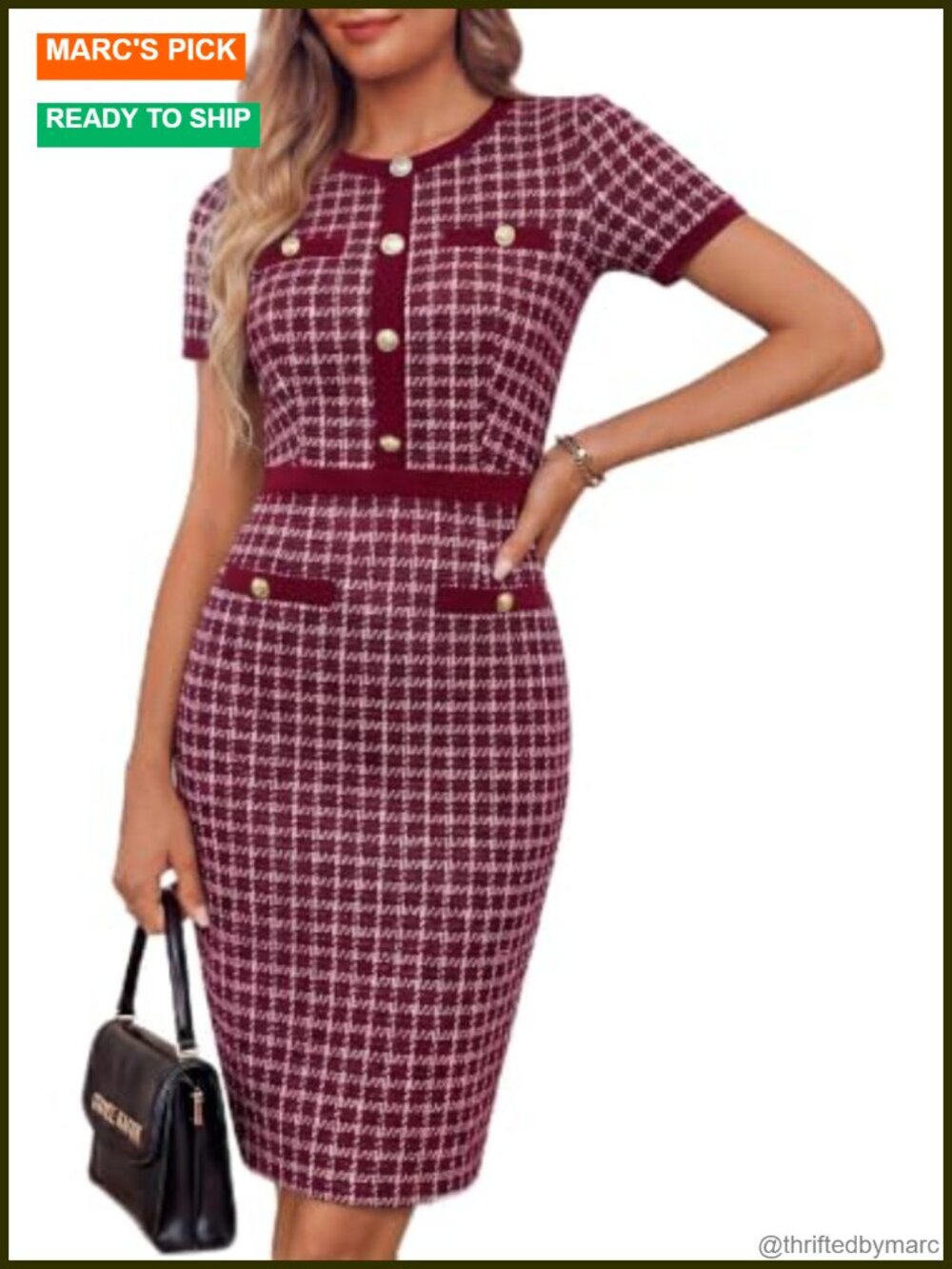 Women's Bodycon Tweed Dress Short Sleeve Business Work